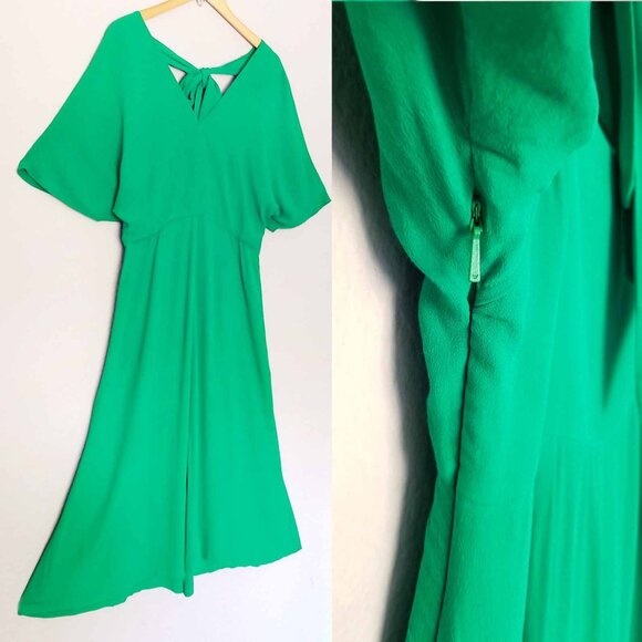 Whistles Kelly Green Zelena Midi Dress 10 Crepe Flutter Sleeves Bow Back $320 - Picture 9 of 14